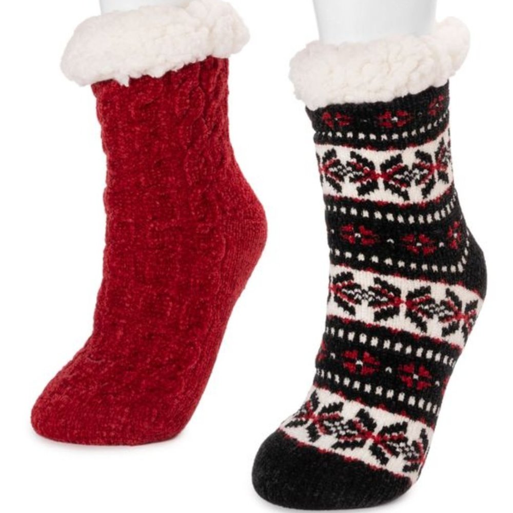 Muk Luks 6 Pairs Red/Ivory/Black Striped 2-Pack Each Cabin Socks - L/XL & OS NWT